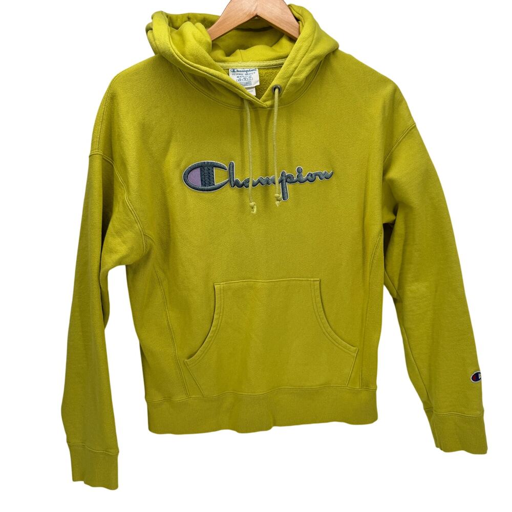 Champion Hoodie Womens Medium Reverse Weave Greenish Yellow Pullover + Pockets